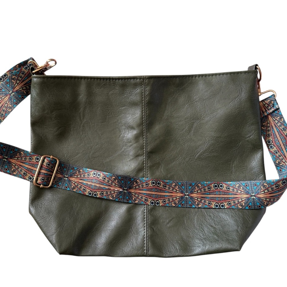 Olive‎ Green Crossbody Bag with Patterned Strap